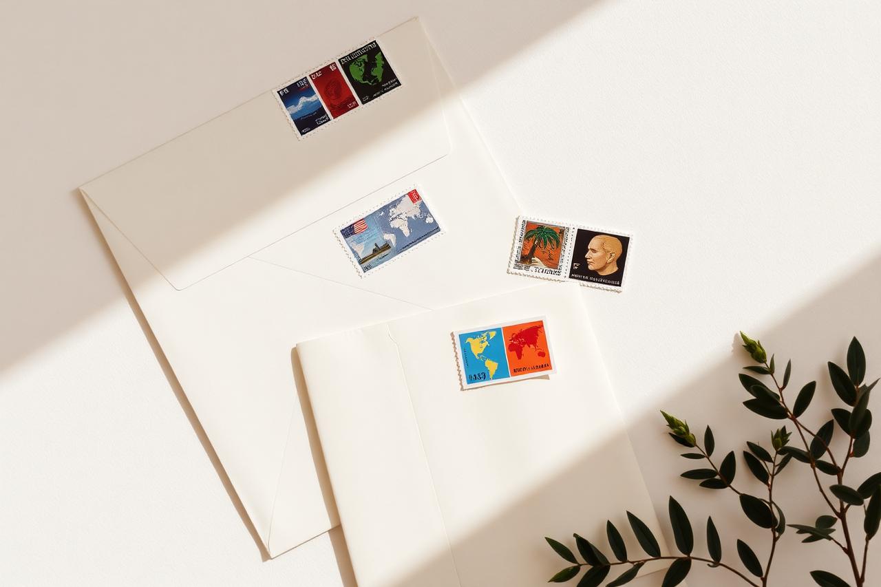 Luftpostumschläge mit internationalen Briefmarken auf hellem Untergrund