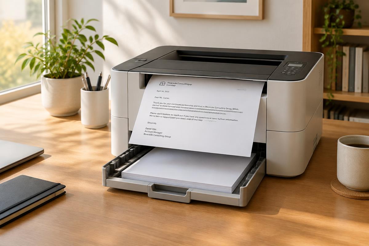 Laserdrucker druckt einen Geschäftsbrief im Homeoffice
