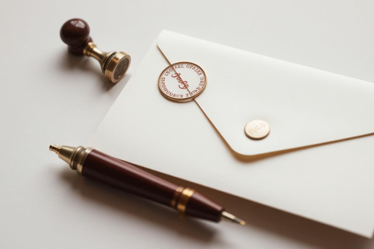 Notarstempel und Gründungsunterlagen mit Briefumschlag