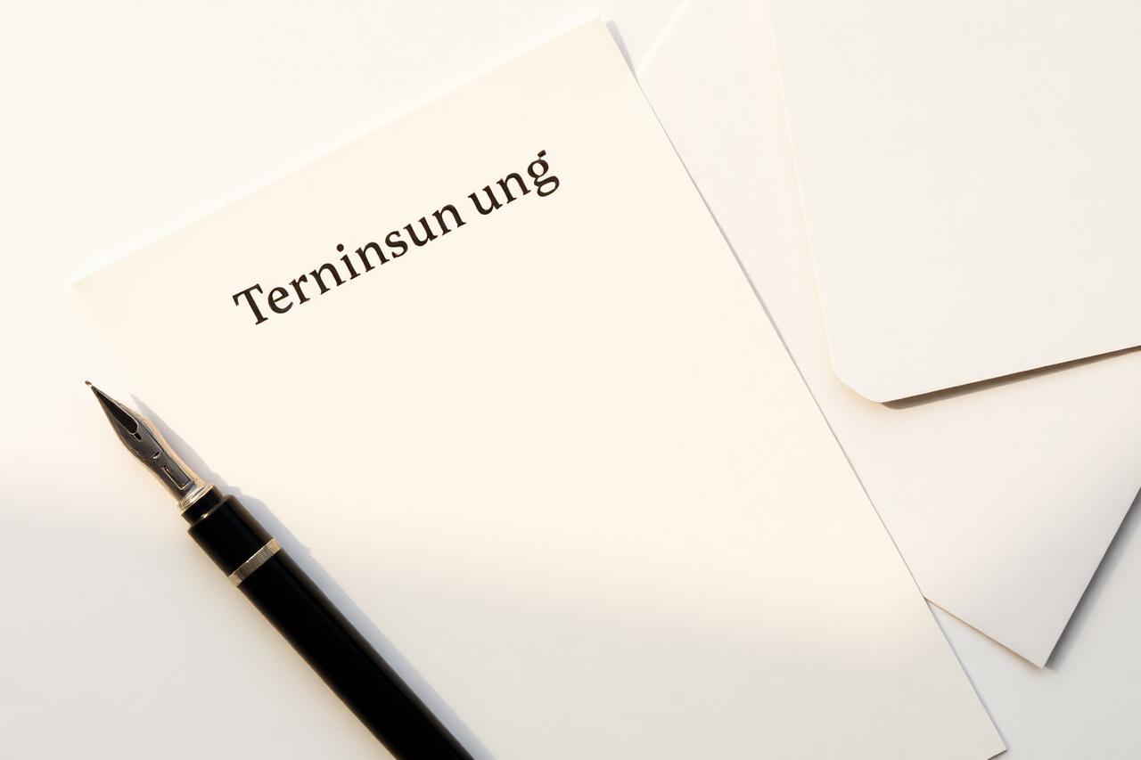Gedruckte Kündigung mit Füller und Briefumschlag auf cremefarbenem Papier