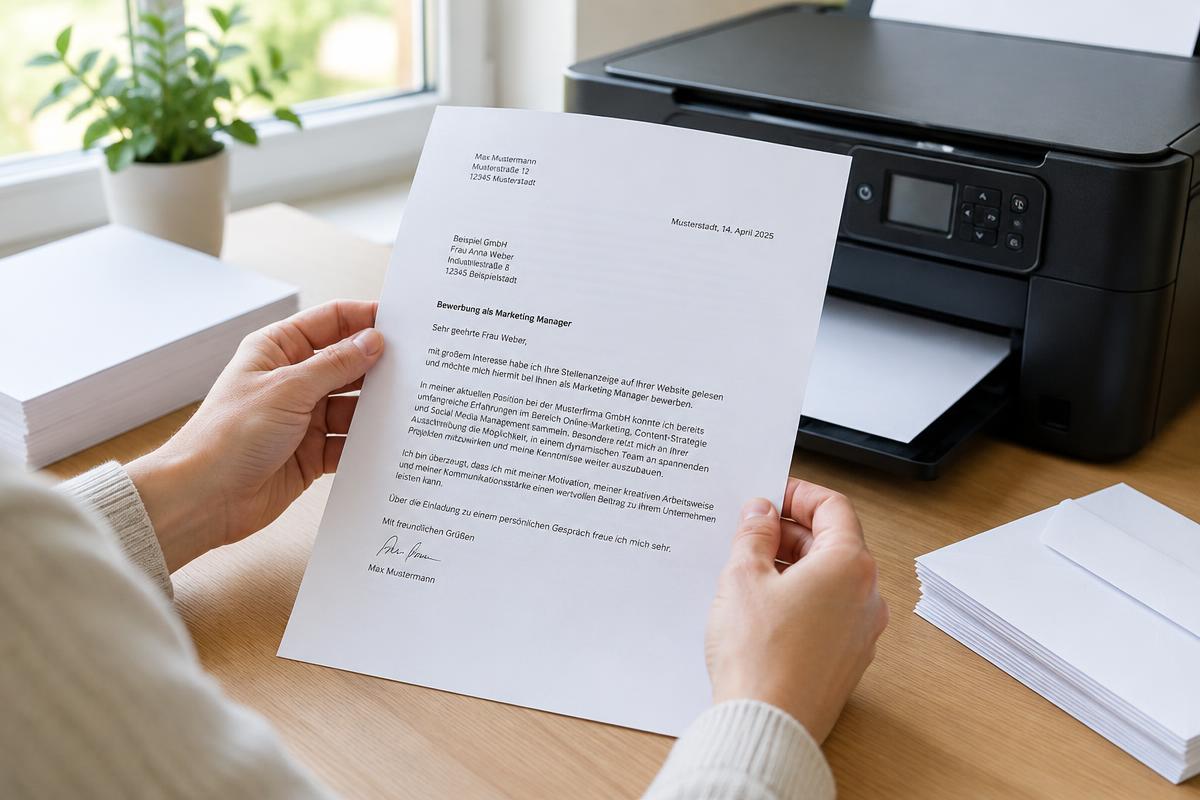 Hände halten einen frisch gedruckten Brief auf DIN-A4-Papier