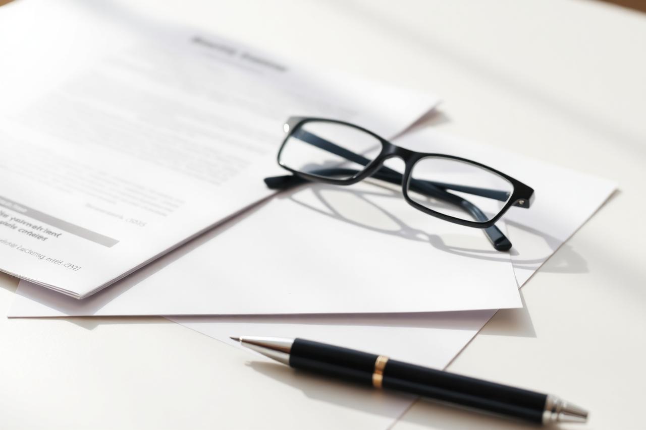 Arbeitsvertragsunterlagen mit Brille und Stift auf einem hellen Tisch