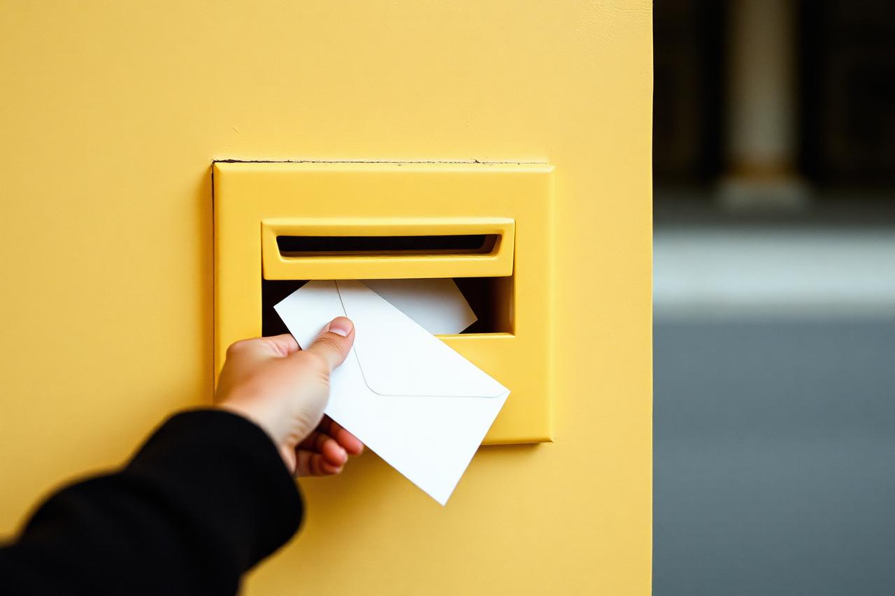 Hand wirft einen weißen Briefumschlag in einen Briefkastenschlitz