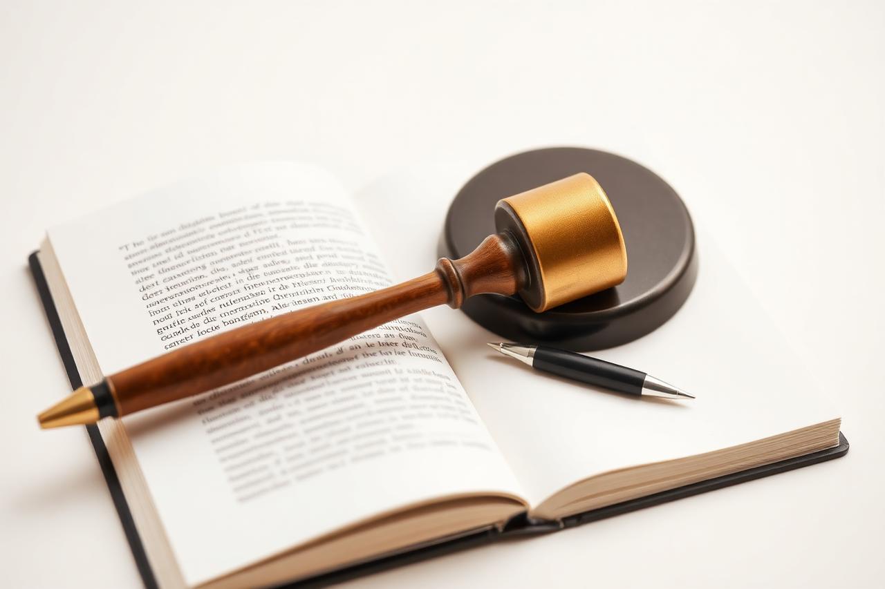 Aufgeschlagenes Gesetzbuch mit Stift auf hellem Untergrund