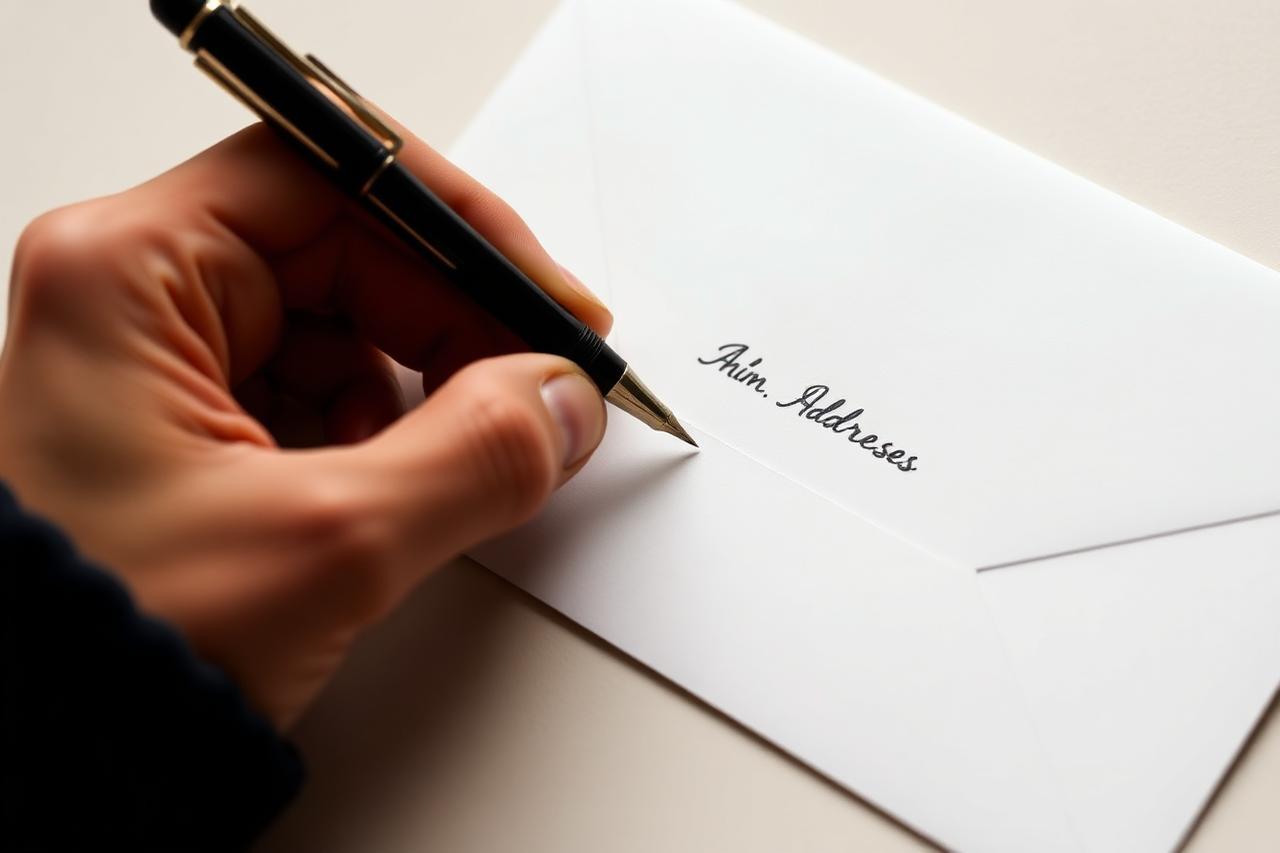 Hand beschriftet mit einem Füller einen weißen Briefumschlag