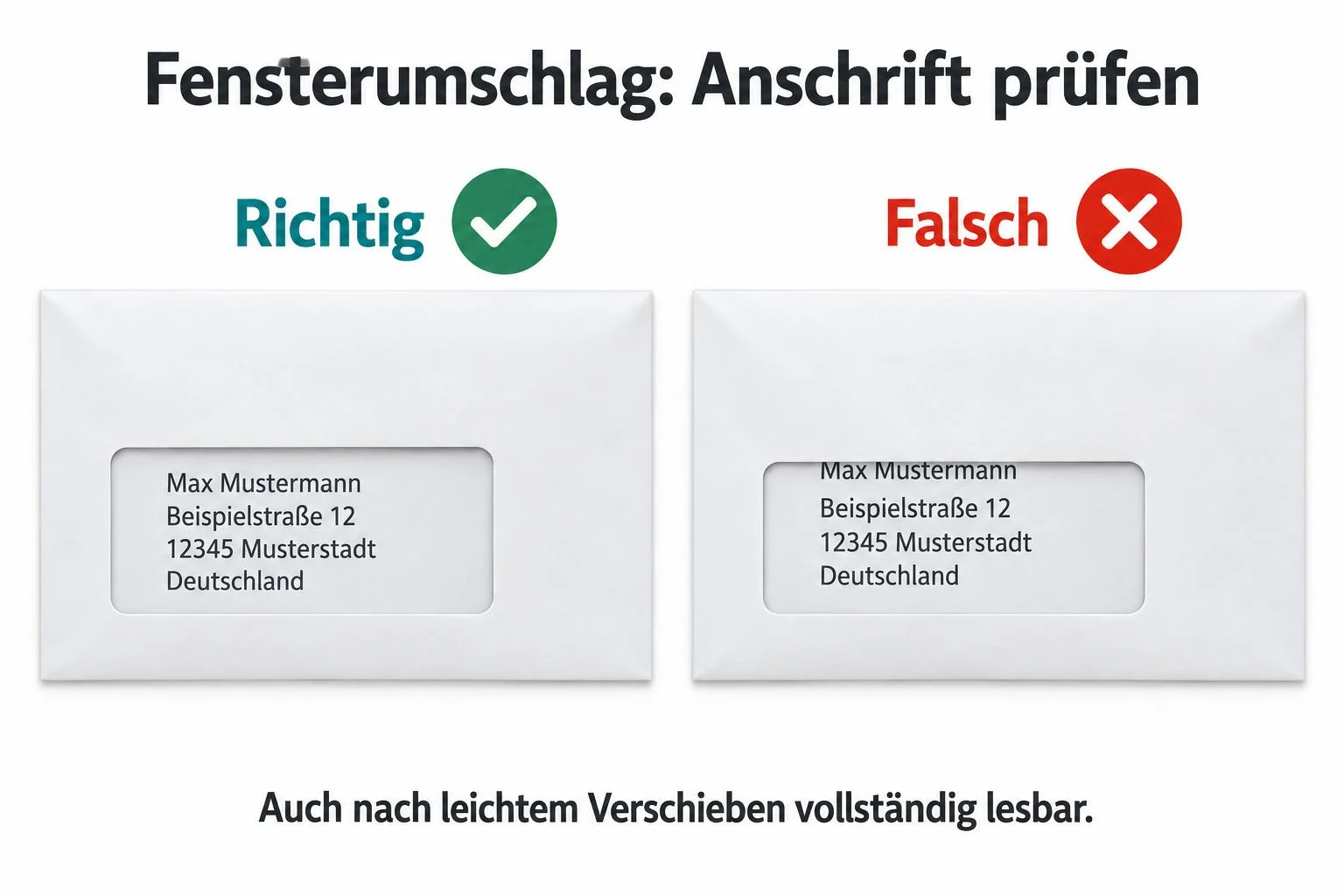 Fensterumschlag prüfen: vollständig sichtbare Anschrift im Vergleich zu einer verdeckten Namenszeile